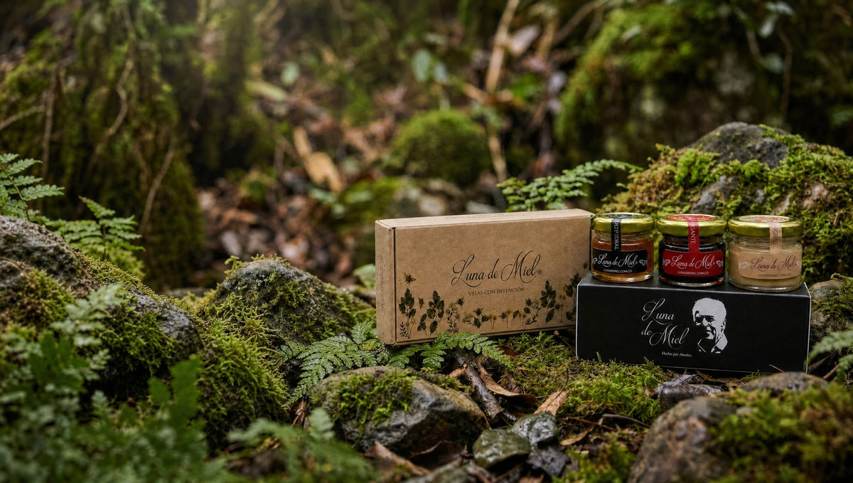 Kit Petite y Velas con Intención de Luna de Miel sobre musgo en el bosque